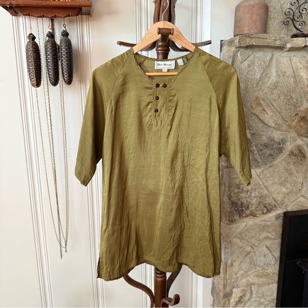 90s Silk Olive Green Shirt Womens Medium